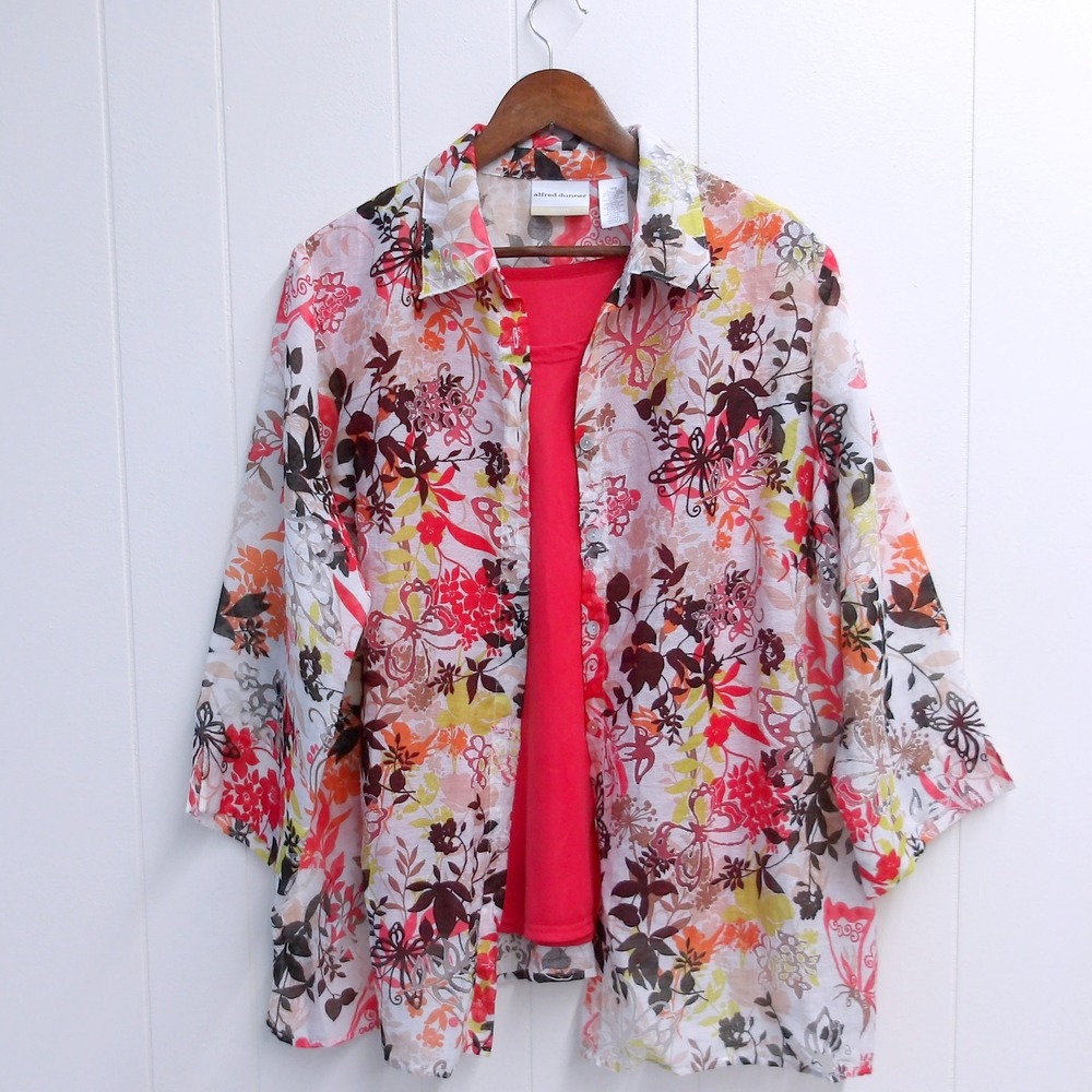 Alfred Dunner Floral Print Button Down Shirt 2pc Lightweight‎ Top 18W / #6308 - Picture 3 of 6